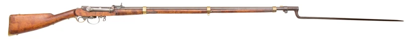 Langt M/1860 med skarpskyttersikte og påsatt døllebajonett.